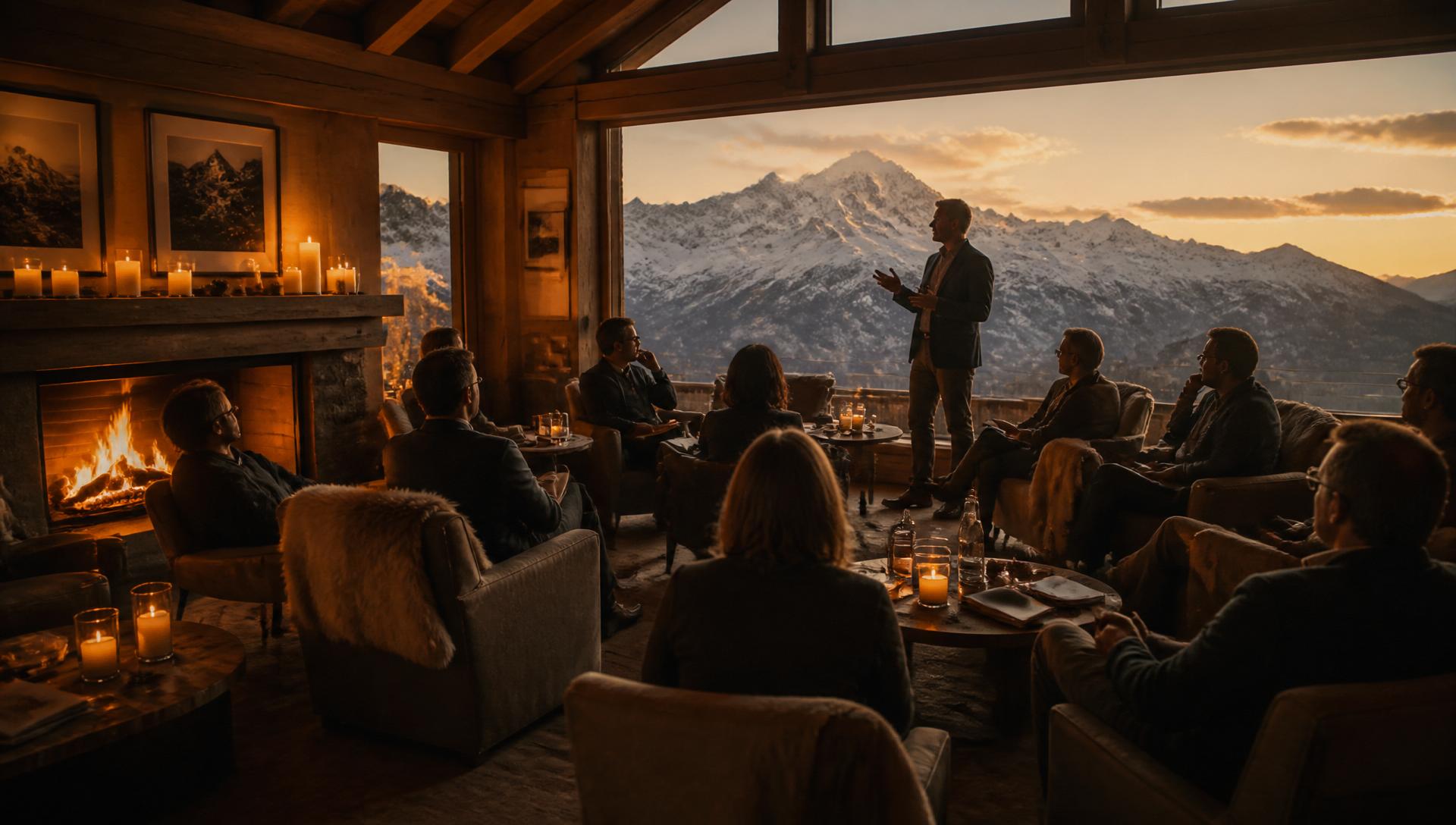 Conférence inspirante dans un refuge avec vue sur le Mont-Blanc au coucher du soleil